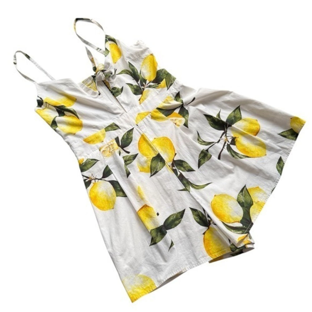 Helen Owen x AQUA Lemon Print Smocked Cotton Romper White Yellow Small